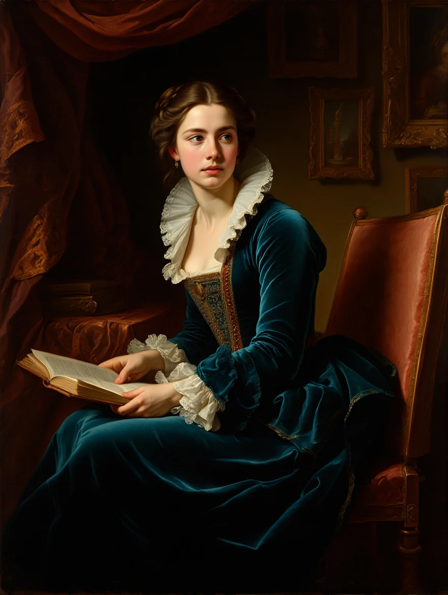 A baroque painting portrait depicting a young woman seated in a high-backed wooden chair, wearing an ornate teal velvet dress with ruffled sleeves and lace trim at the collar and cuffs. The woman holds a leather-bound book open on her lap, with her face turned to the side as she gazes off-camera. The background features a dark, richly decorated interior with heavy drapery and gilt-framed paintings on the walls, characteristic of baroque portraiture. Classical baroque oil painting with dramatic chiaroscuro lighting and rich color saturation.