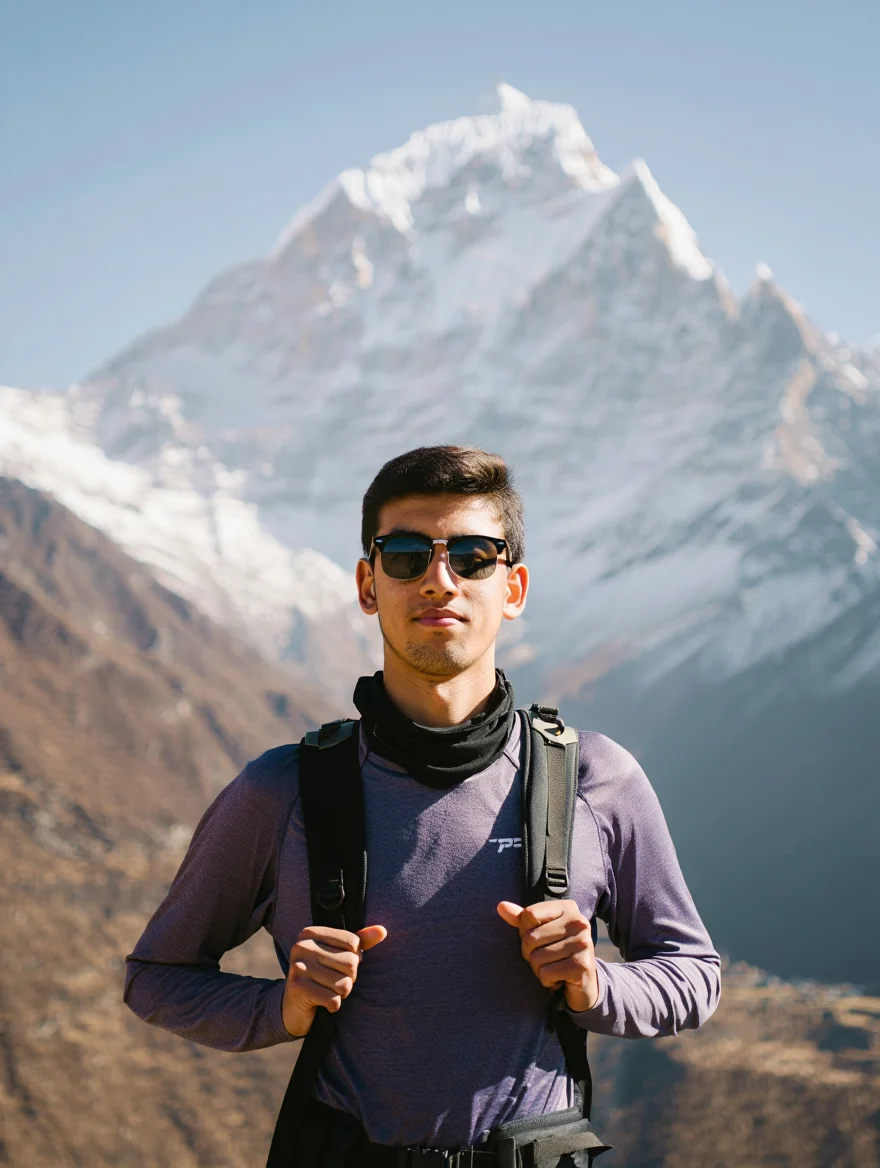 A young male hiker poses in the Himalayas, photographed in a medium shot with a snow-capped mountain peak creating a dramatic backdrop. The subject stands centered in the frame wearing a purple-grey long-sleeve shirt, black neck gaiter and sunglasses, while gripping the straps of his black hiking backpack. Natural daylight illuminates the scene from the front, capturing both the subject and the majestic twin peaks with deep depth of field. The mountain's exposed rocky faces contrast with its snow-covered slopes, while brown terrain visible in the lower elevations completes the high-altitude landscape. The image exhibits a cool color palette and documentary travel style with vintage-like color grading.