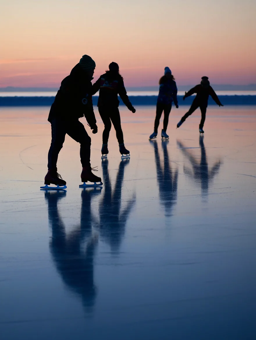 Four silhouetted ice skaters glide across a vast, mirror-like ice surface at twilight. The skaters, dark against the fading light, cast long, elegant shadows that stretch towards the horizon. One skater, arms outstretched in a graceful pose, is frozen in a pirouette. Above, a sky awash with the soft hues of sunset provides a serene backdrop to the scene.