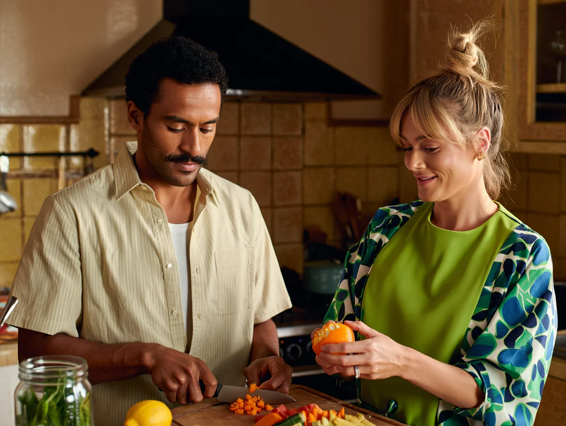 A warm-toned lifestyle film photograph captures an intimate cooking scene in a vintage-style kitchen with cream-colored tile backsplash. A light-skinned man in his 30s with dark curly hair and a mustache stands on the left side, wearing a cream short-sleeved button-up shirt over a white undershirt. He focuses intently on food preparation at a wooden cutting board containing chopped vegetables. Beside him on the right stands a light-skinned woman in her 30s with blonde hair styled in a casual top knot bun, wearing a bright green top with geometric blue and white patterned sleeves. She smiles slightly while peeling an orange fruit, with a wedding ring visible on her finger. The kitchen features warm beige walls, wooden cabinetry, and a dark range hood above. Additional cooking elements include a lemon on the countertop and a glass jar with fresh herbs. The medium shot employs side lighting that creates a warm, golden atmosphere with soft shadows, using a balanced composition to keep both subjects in clear focus while slightly softening the background.