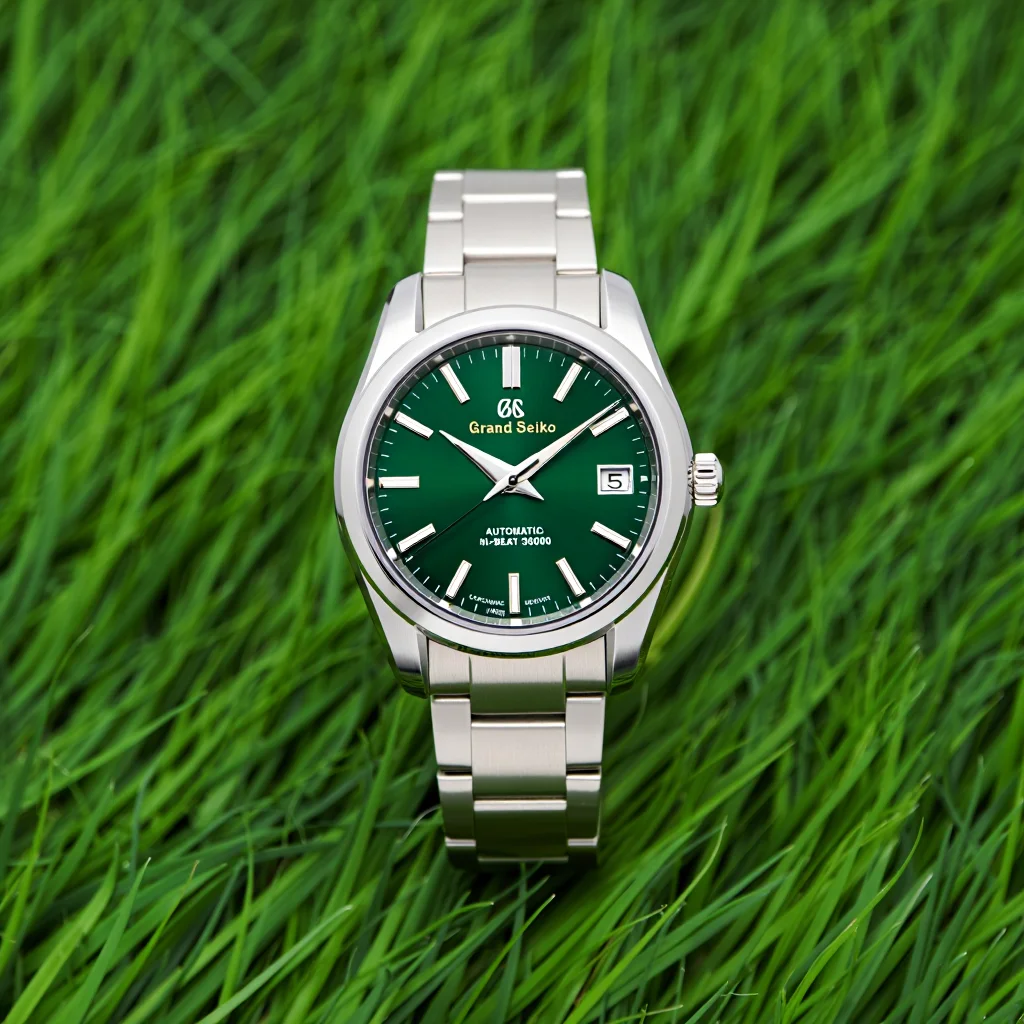 A professional product photograph of a Grand Seiko luxury watch with a stainless steel case and bracelet, positioned centrally against a backdrop of vibrant green grass. The watch features a matching green dial with the text "Grand Seiko" in gold and "AUTOMATIC Hi-BEAT 36000" in white, silver hour markers, and a date window. The image is captured using a macro lens with shallow depth of field, creating a sharp focus on the watch while the grass background gradually blurs. Even studio lighting emphasizes the watch's mixed brushed and polished surfaces, while the natural grass setting creates an organic environmental context.