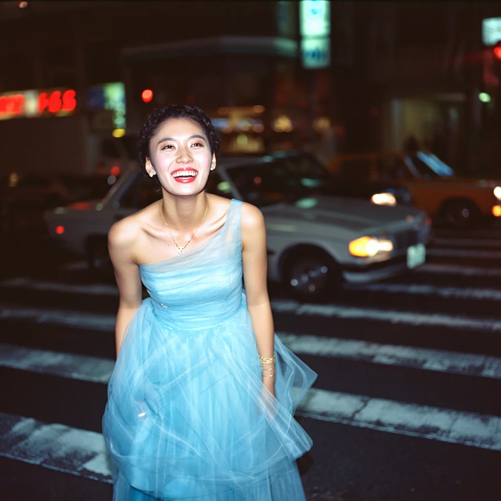A flash-lit portrait photograph from the early 2000s showing a young Asian woman in an elegant light blue dress laughing in the middle of a busy intersection. The camera angle is low, capturing the reflection of neon signs in the wet asphalt of the crosswalk and the blurred headlights of passing cars.  The photo has the telltale vignetting and soft focus of a disposable camera.