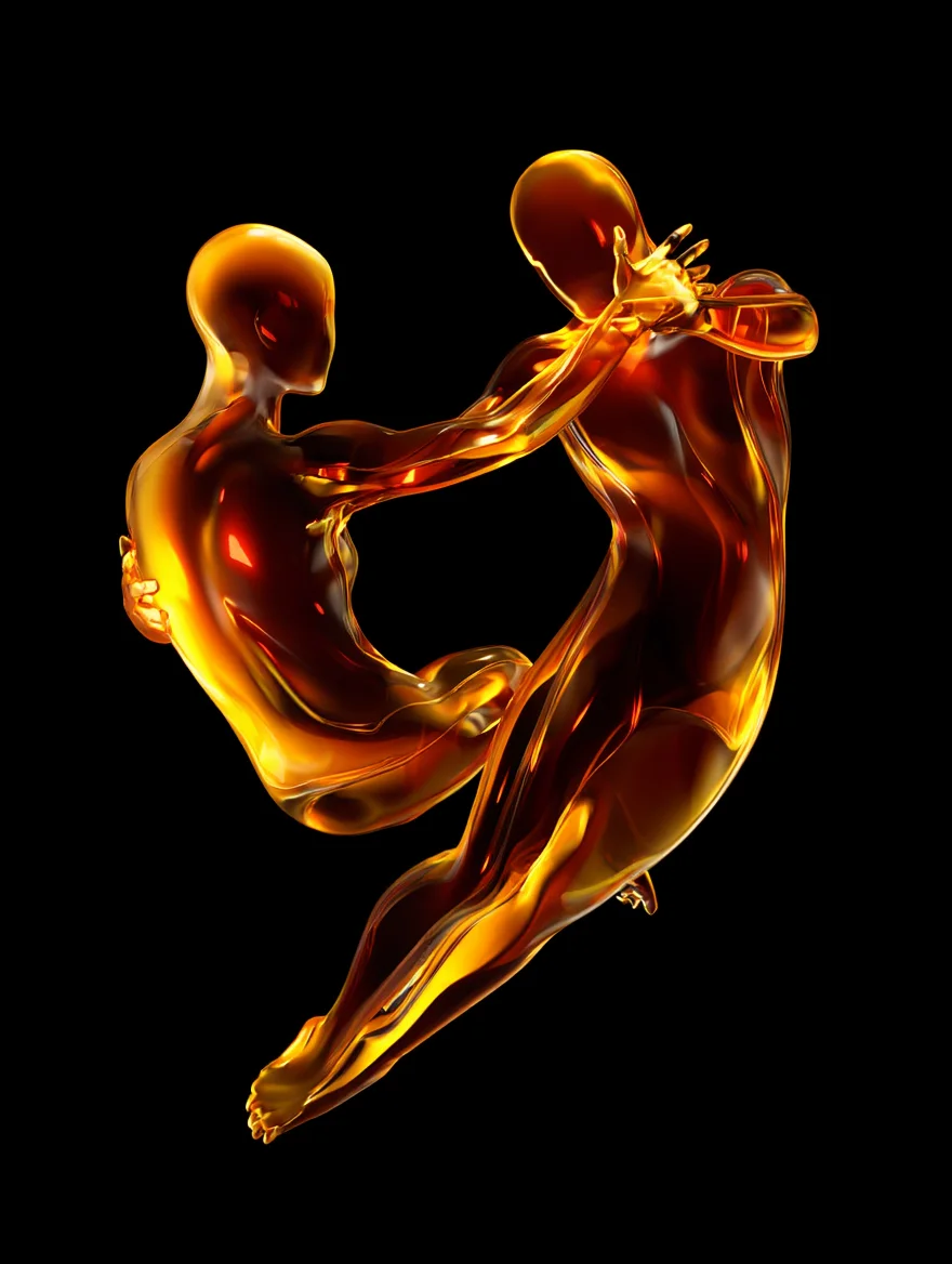 A captivating 3D digital artwork showcasing two abstract figures, formed from flowing, liquid gold, their bodies intertwining and reaching towards each other in a passionate embrace. The figures are rendered with a hyperrealistic molten appearance against a deep black background, their surfaces alive with intricate reflections and glowing embers. The artwork evokes a sense of intense emotion and the raw beauty of abstract form.