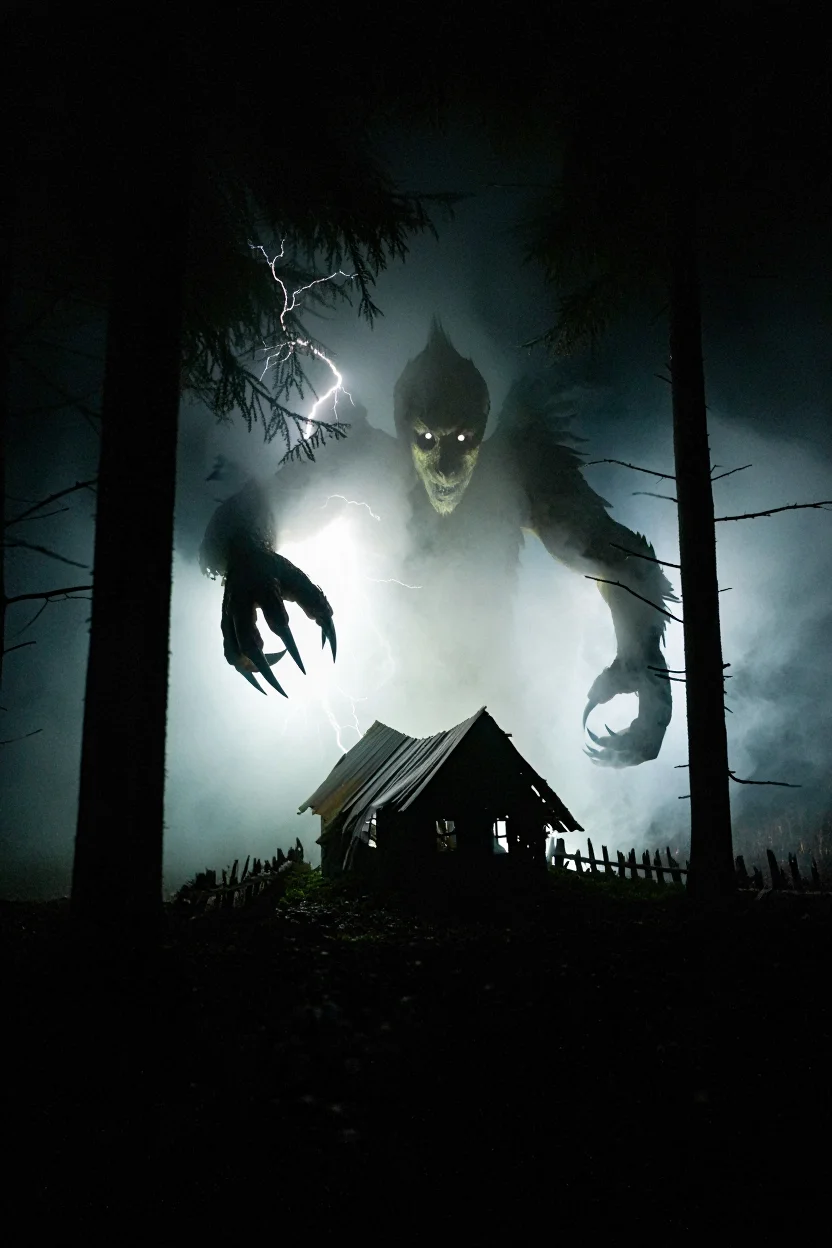 A noir midnight blue film photograph captures the shadowy silhouette of a terrifying beast partially obscured by mist and fog in a spooky forest. The beast's dripping claws, illuminated by a bolt of lightning, are reaching toward a dilapidated cabin in the foreground. The beast's pale face appears to have multiple eyes that glow an eerie white. High-contrast black and white film photography with dramatic lighting.