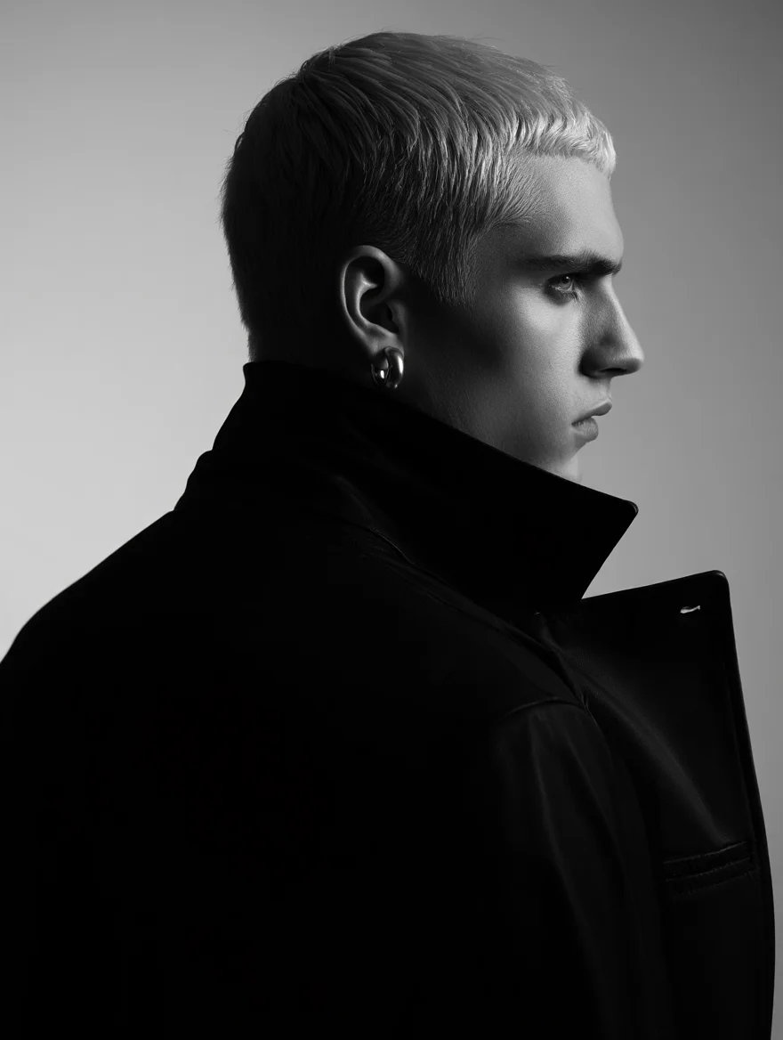 A captivating black and white fashion portrait showcasing a male model with short, bleached blonde hair in dramatic chiaroscuro lighting. He dons a sleek, black leather jacket with the collar popped, his gaze directed away from the camera. A single silver earring glints in the light. The image is tightly cropped, emphasizing the interplay of light and shadow on his face against a smooth gradient gray background.