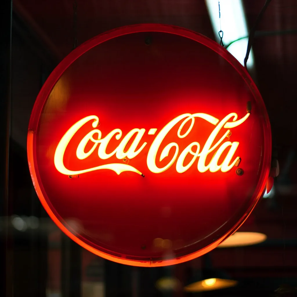 The Coca Cola Logo, glowing neon sign, midnight diner ambiance
