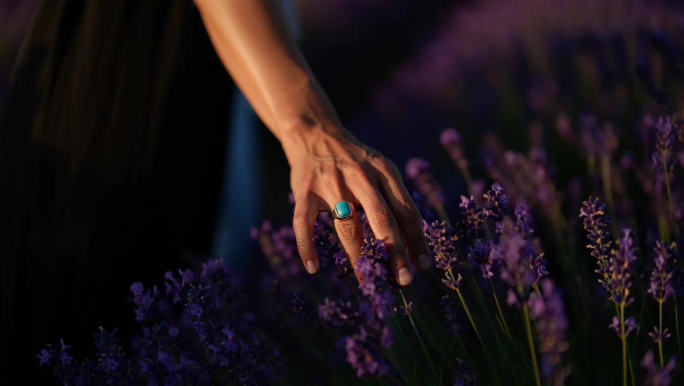 A close-up photograph captures a woman's hand adorned with a silver turquoise ring, delicately tracing the tops of purple lavender blooms in a field.  Individual lavender stems sway and release their fragrance in response to her touch. The lavender field extends into soft bokeh in the background. The scene is illuminated by the warm, low light of golden hour, creating a dreamy atmosphere while maintaining visibility of the hand's interaction with the lavender. Low-light cinematic photography with shallow depth of field and Canon color science.
