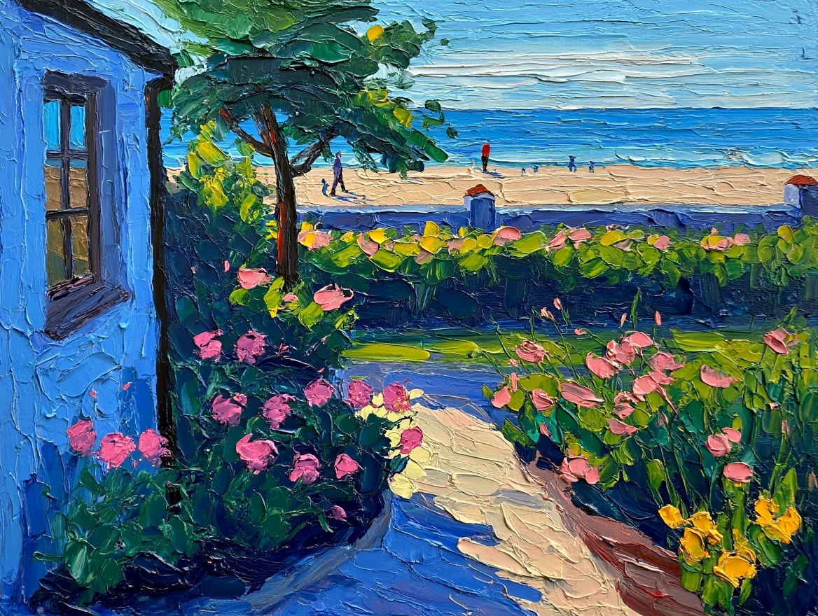 A landscape painting shows a blue-painted cottage wall on the left side, featuring a single window. The cottage is surrounded by a lush garden filled with pink and yellow flowering plants arranged in garden beds. A green leafy tree stands in the center of the garden, casting shade over the landscape. A light-colored stone pathway curves through the garden. Beyond the garden, a coastal beach scene appears in the background, where small figures walk along the shoreline beneath a bright blue sky with subtle clouds along the horizon. The scene employs thick, textured brushstrokes in blues, greens, pinks, and yellows. The composition captures both the intimate garden details in the foreground and the expansive beach view in the background. Impressionistic oil painting with textured brushwork and natural side lighting across a medium wide shot.