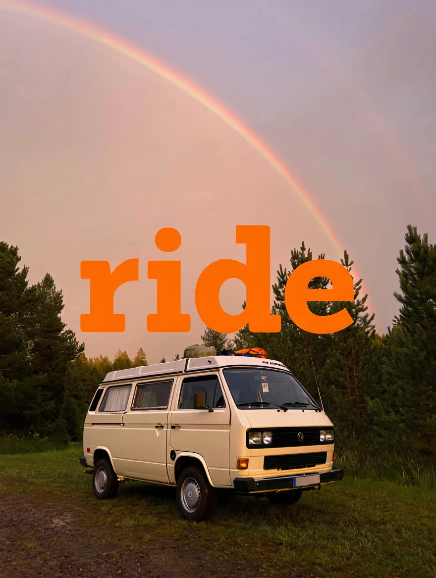 A vintage whiteVolkswagen T3 van photographed at dusk in a forest setting, captured in a medium-wide shot from a low angle. The scene features a dramatic sky with a prominent rainbow arching overhead, while pine trees create a natural backdrop. The word "ride" appears in bold orange letters masked behind the van. The composition emphasizes the vehicle's classic utilitarian design, complete with roof rack and mounted equipment, while natural lighting creates warm tones throughout the image.