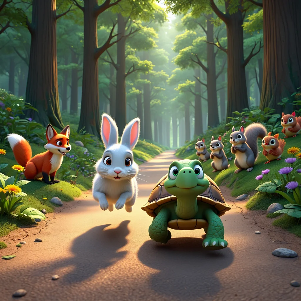 A dirt path winds through a dense forest where a white rabbit races alongside a green turtle. The rabbit's body is stretched in mid-stride while the turtle moves forward with steady determination. Along both sides of the path, a red fox, three grey squirrels, and five small birds in various shades of brown and red stand watching. The squirrels clap their paws while the birds wave green leaves in their beaks. Tall oak and maple trees with thick brown trunks rise up on both sides, their green canopy filtering golden sunlight onto the forest floor. The ground is covered with patches of purple wildflowers, yellow dandelions, and moss-covered rocks. Long shadows from the trees create a dappled pattern across the dirt path.  3D computer animation with bright colors and sharp details in a semi-realistic cartoon style.