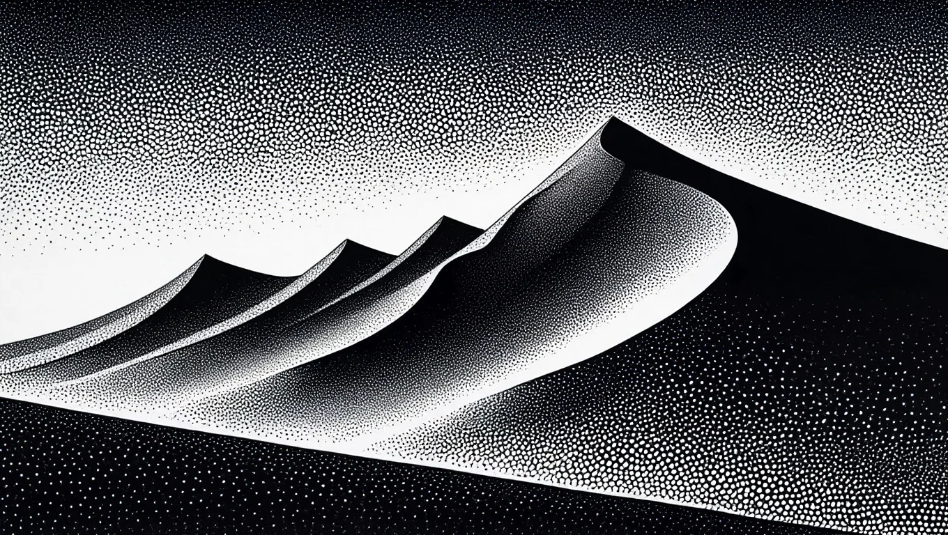 A black and white stippled illustration of a desert landscape viewed from above captures a jagged dune ridge formation with three distinct pointed projections extending from the left side. The composition uses countless tiny black dots of varying density to create form and texture, with the darkest areas defining the dune's silhouette against lighter areas that represent the illuminated face in the lower right portion. A gradient of stippled dots increases in density toward the horizon, depicting the sky. The right-heavy composition shows natural side lighting casting dramatic shadows across the dune's surface, while the stippling technique creates a grainy, textured quality throughout the entire image. High-contrast black and white ink illustration using stipple technique with precise dot patterns on white paper.