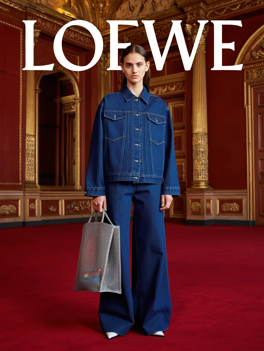 A fashion photograph features a model wearing an oversized navy denim jacket and matching wide-leg pants, creating a monochromatic denim ensemble. The model stands in a symmetrical pose at the center of an ornate classical interior with red walls, gold architectural details, and decorative moldings. The model holds a structured metallic mesh shopping bag in silver-grey color. Large white text reading "LOEWE" appears in serif capital letters at the top of the image. The interior setting includes classical architectural elements such as columns, archways, and elaborate wall decorations, all in rich red and gold tones. Professional fashion photography with natural front lighting, centered composition, and full depth of field.