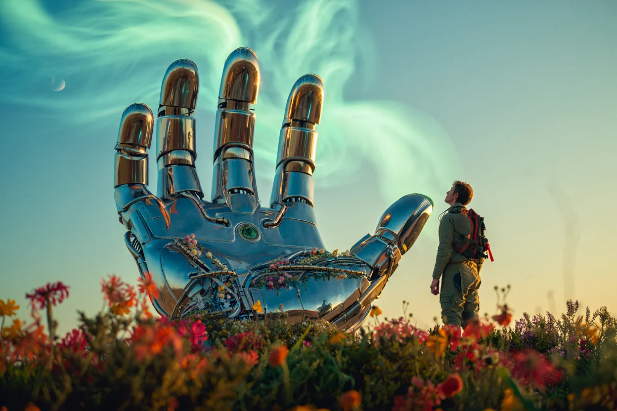 A colossal robotic hand, sculpted from polished chrome, emerges from a bed of vibrant wildflowers, its metallic surface adorned with intricate circuitry exposed by weathering. A lone explorer in a tattered environmental suit gazes up in wonder, dwarfed by the sheer scale of the hand, which reaches for a sky filled with swirling, bioluminescent clouds.  Dense, otherworldly flora surrounds the scene, bathed in the ethereal glow of a double moon. Professional photography, emphasizing dramatic perspective and contrasting textures, renders the scene with hyperrealistic detail.