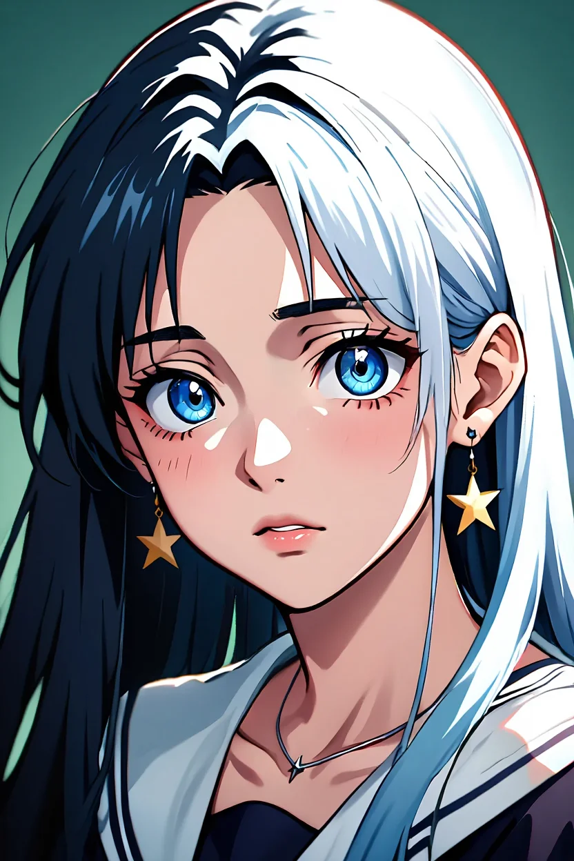 A close-up anime illustration of Luna from Sailor Moon, featuring her iconic half-black, half-white hair with black on the left side and flowing white hair on the right. She has large, expressive blue eyes with reflective highlights and long eyelashes characteristic of 1990s shoujo anime style. Her light skin features a subtle blush across her cheeks, and her facial expression is serious and contemplative as she gazes directly at the viewer. She wears delicate star-shaped dangling earrings and a small pendant on a thin chain at her neckline. Her clothing consists of a dark top or dress with a light-colored collar. The background is a simple gradient of teal green tones that transitions to darker shades around the edges, creating depth while maintaining focus on the character. The illustration exemplifies classic 90s anime aesthetics with its distinctive large eyes, thin outlines, and soft color gradients. Digital anime illustration with clean linework and soft gradient shading.