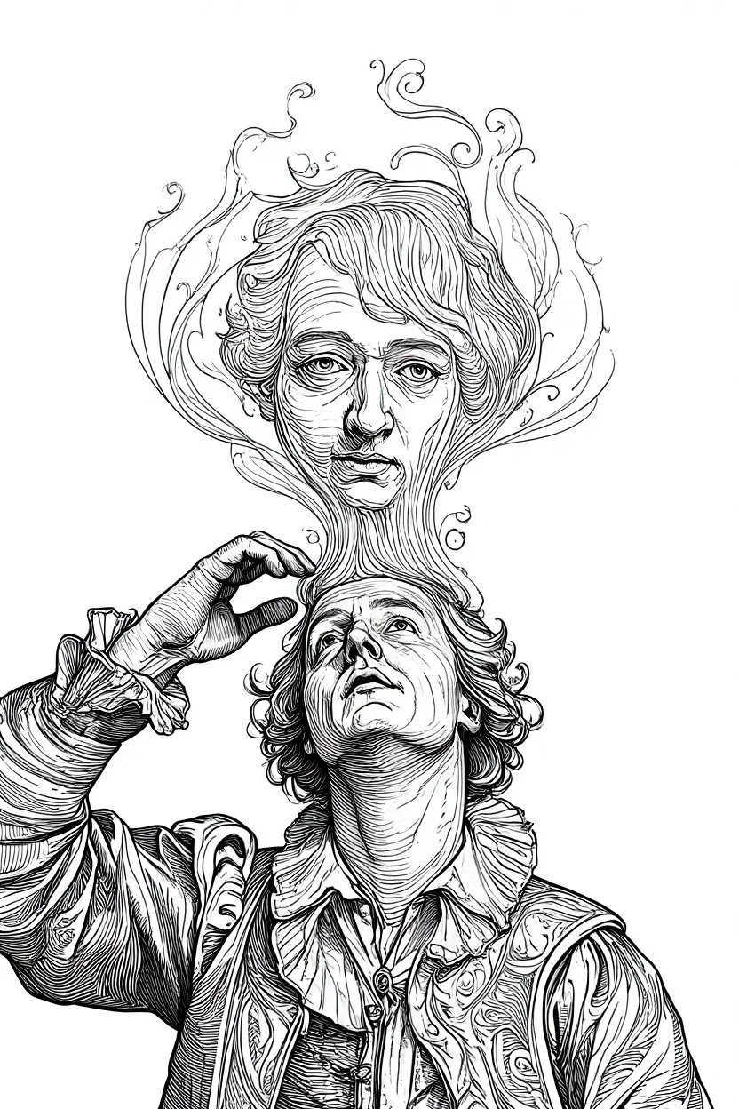 A detailed baroque-style line drawing depicts a human figure reaching up towards their own head, where a second, ghostly image emerges from their own scalp. The main figure wears period-appropriate 17th century clothing with ruffled collar and ornate fabric details. The emerging image above takes the form of a translucent, ethereal version of the figure's own visage, appearing to be pulled or drawn out from the top of their head. The background features elaborate swirling patterns characteristic of baroque ornamentation. Black and white pen and ink drawing with intricate linework and cross-hatching typical of baroque period illustrations.