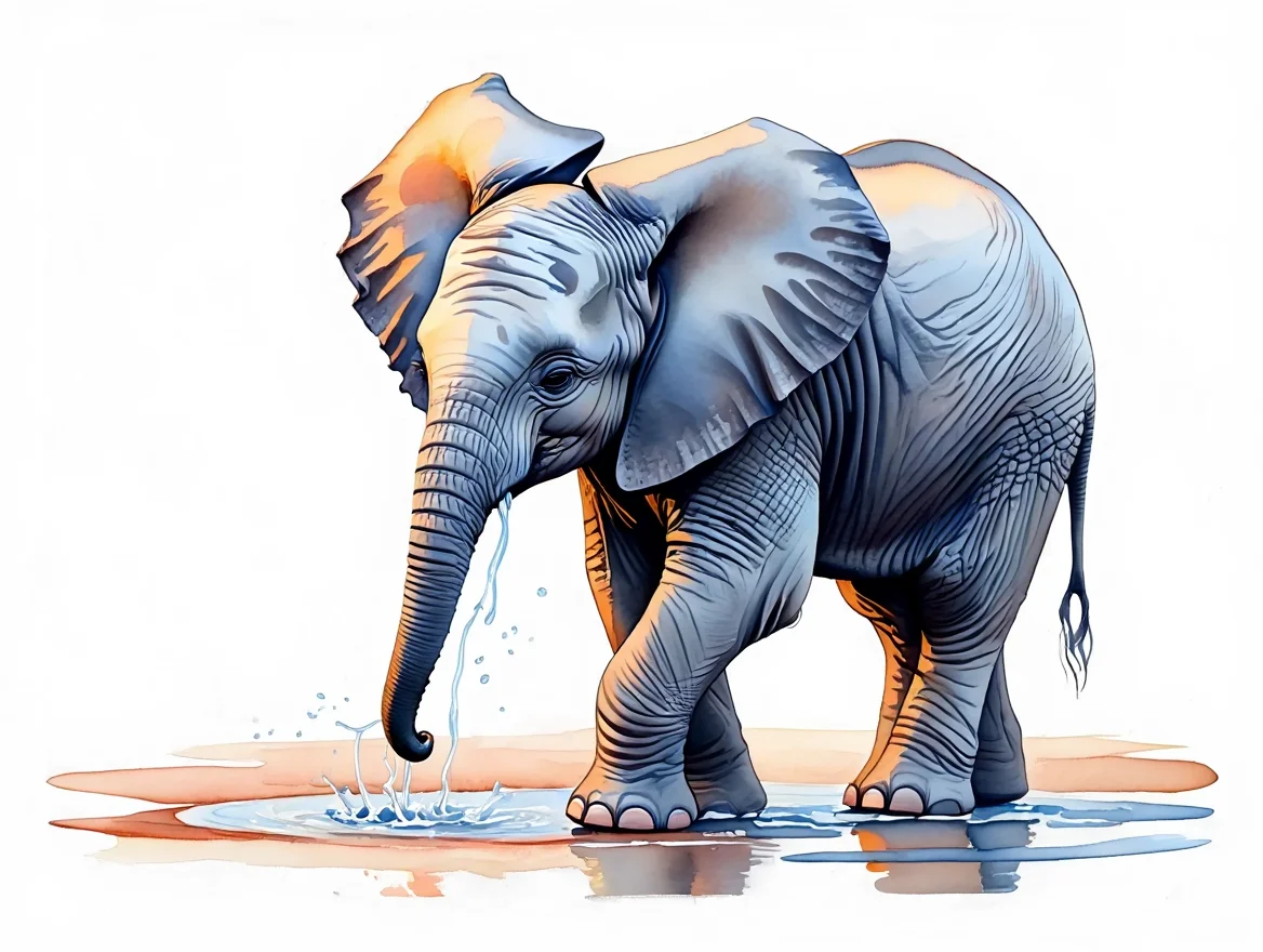 A watercolor painting of a baby elephant with wrinkled grey skin and oversized ears playfully splashing in a shallow puddle at sunrise.  Golden hour light casts warm hues across the scene, reflecting softly in the disturbed water. The elephant's trunk, dripping with cool, clear water, is playfully raised, droplets catching the morning light.  Traditional watercolor painting technique with soft edges and translucent washes against clean white paper.