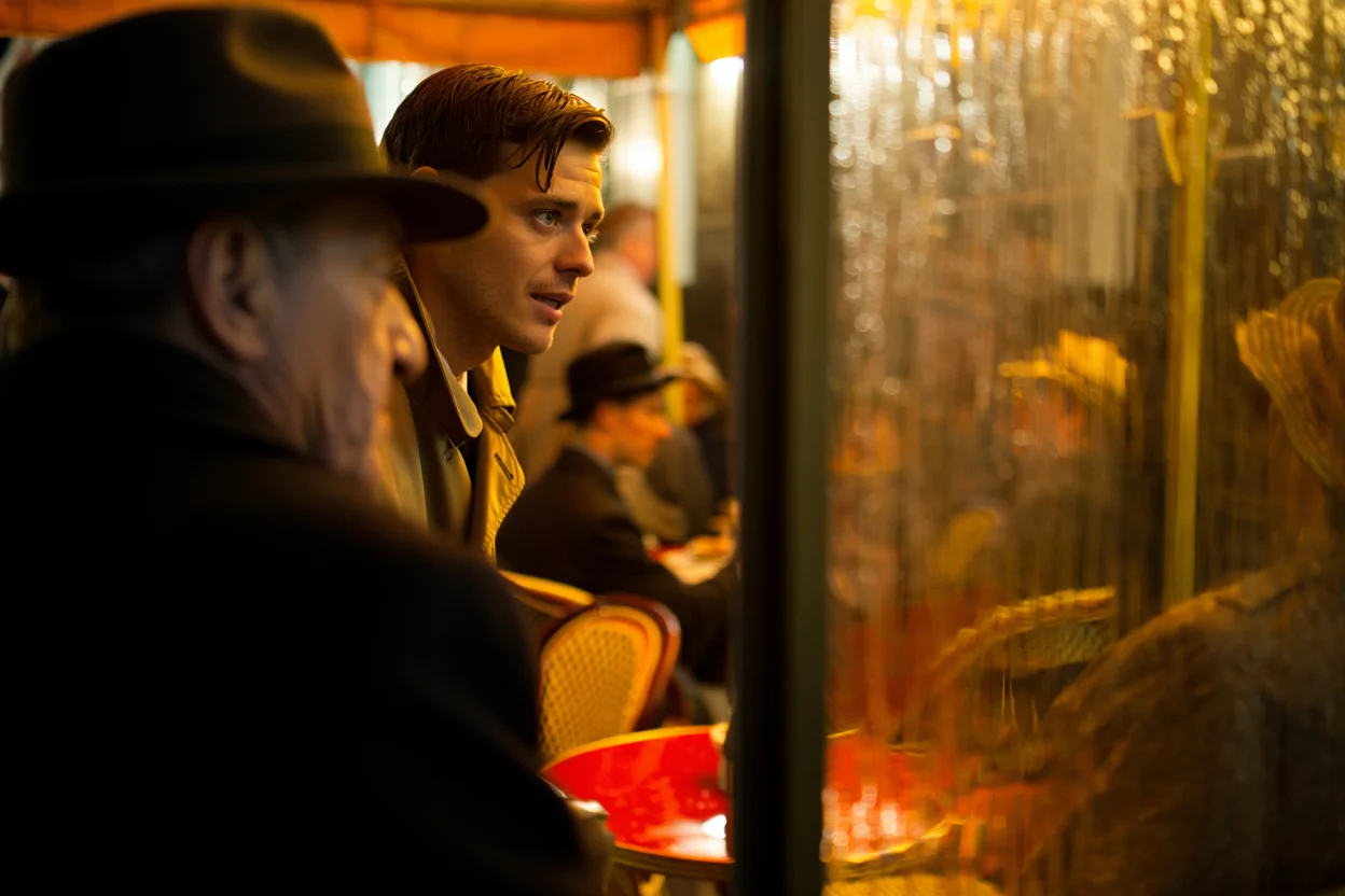 A rainy night scene, street level view through a rain-streaked cafe window, featuring two individuals peering into the establishment. The shot is a medium close-up from a slightly low angle, creating a film noir atmosphere. The left subject, silhouetted against the warm cafe lighting, wears a fedora. The right subject, face illuminated by a nearby street lamp, sports a trench coat with the collar turned up. The background features the blurry shapes of patrons and cafe furniture, with warm yellow and orange tones dominating.  The shallow depth of field emphasizes the subjects against the bustling cafe interior. High quality film noir, gritty, 1940s style.