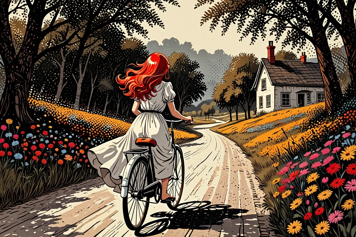 A stylized halftone print of a young woman with flowing red hair, wearing a billowing white dress, gracefully riding a vintage bicycle down a sun-dappled lane. The path, bordered by wildflowers in a riot of colors, winds towards a charming cottage nestled in the trees. The halftone pattern, rendered in sepia tones, evokes a sense of timeless beauty and romantic nostalgia, reminiscent of classic storybook illustrations.  Photographic halftone effect with bold contrasting colors and vintage printed textures.