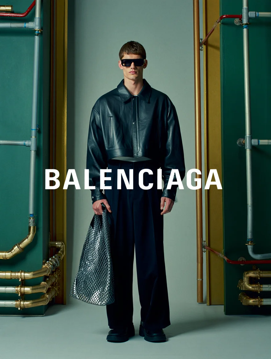 A high-fashion Balenciaga advertisement photographed in an opulent interior setting with green walls, gold trim, and industrial pipes. The image features a male model wearing an oversized cropped black leather jacket and wide-leg black pants, as well as chunky black sunglasses, standing centered in a doorway. A metallic silver mesh shopping bag is prominently displayed. The "BALENCIAGA" logo appears in white sans-serif capital letters. The composition employs professional studio lighting with a cool color palette, creating a luxury fashion editorial aesthetic.