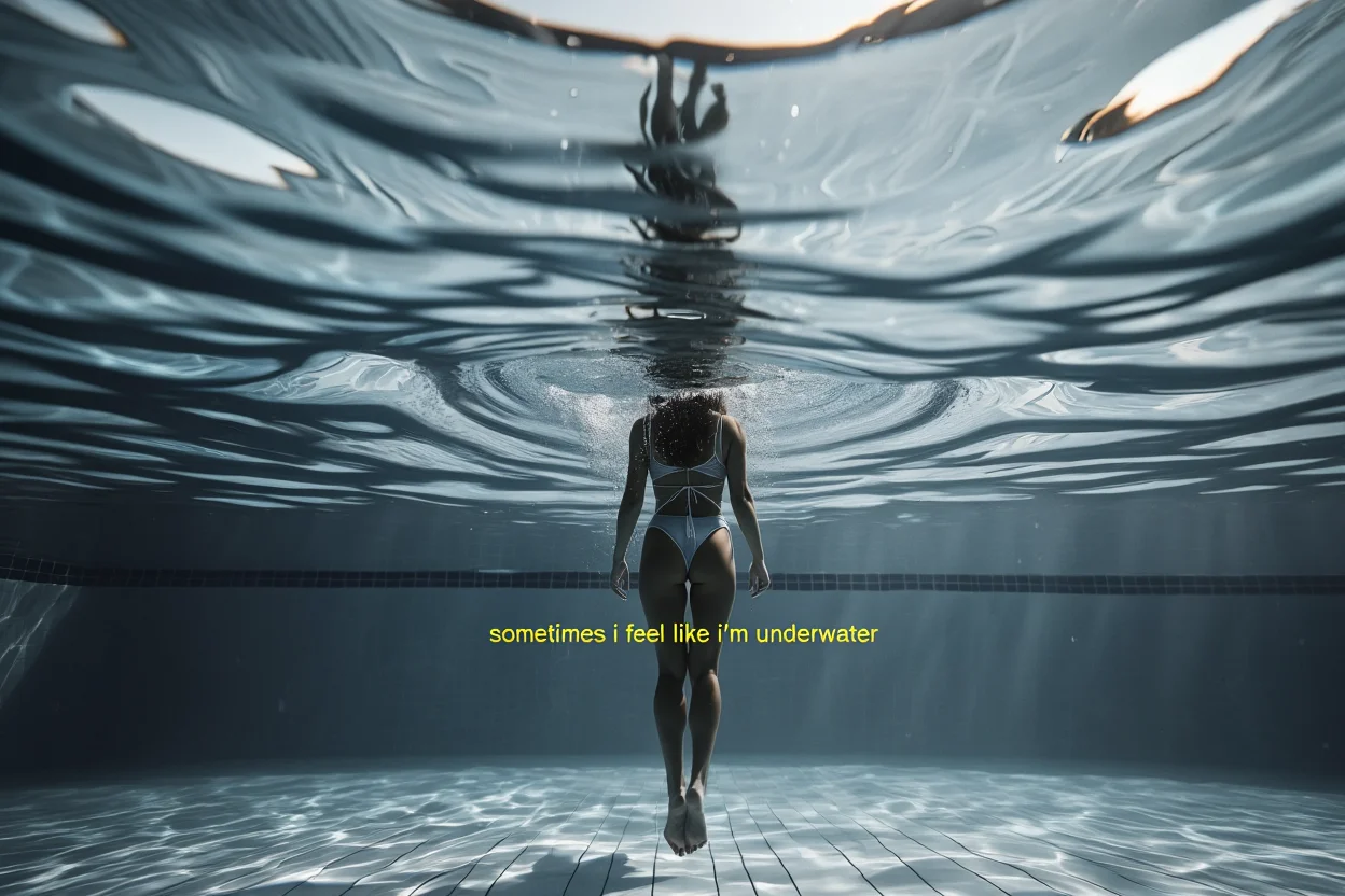 A desaturated underwater photograph taken from below a swimming pool's surface, showing rippling water patterns and distorted light rays characteristic of y2k photo editing aesthetic. A subtitle in yellow Arial font reads "sometimes i feel like i'm underwater" positioned at the bottom center of the image. The water's surface creates abstract patterns of light and shadow, with air bubbles visible floating upward through the water.  Desaturated underwater photography with y2k-era digital editing effects and low contrast lighting.