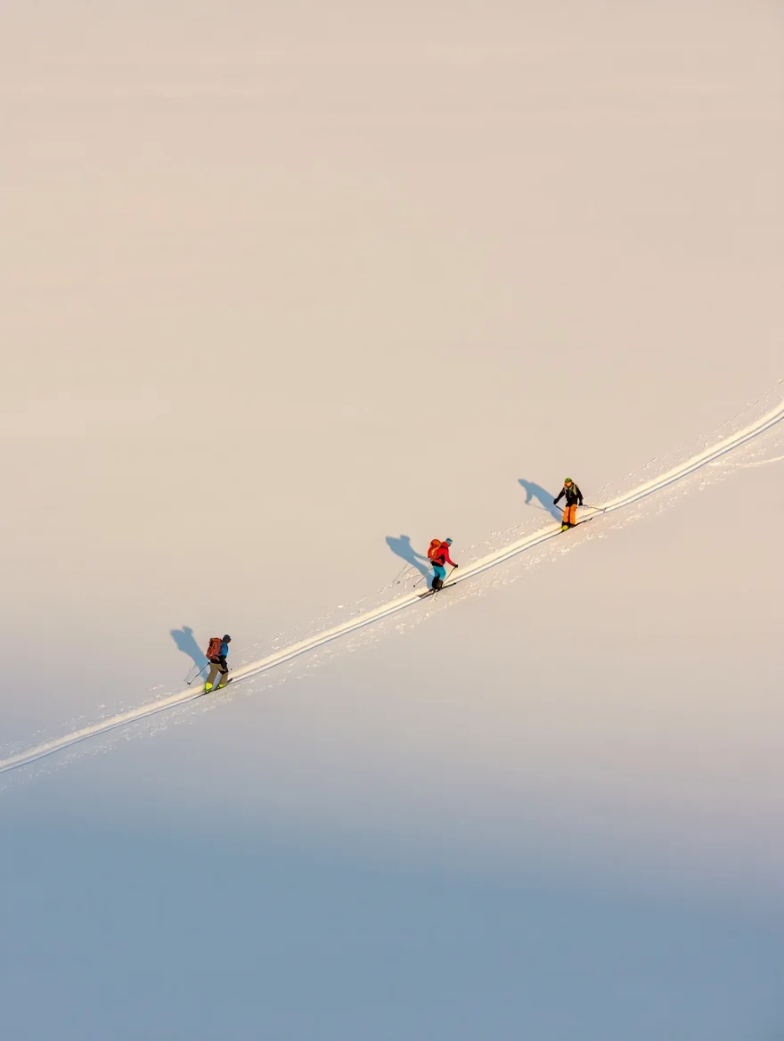 An aerial view of three skiers gliding across a vast, untouched powder snow field, minimalist composition. Dressed in colorful winter gear, they cast elongated shadows across the snow, their tracks forming converging lines. Two skiers are in motion, while the third pauses, silhouetted against the horizon. The vast expanse of snow dominates the frame, emphasizing the solitude and scale of the landscape. Low winter sun casts a warm, golden light, creating a striking contrast against the cool blue shadows.