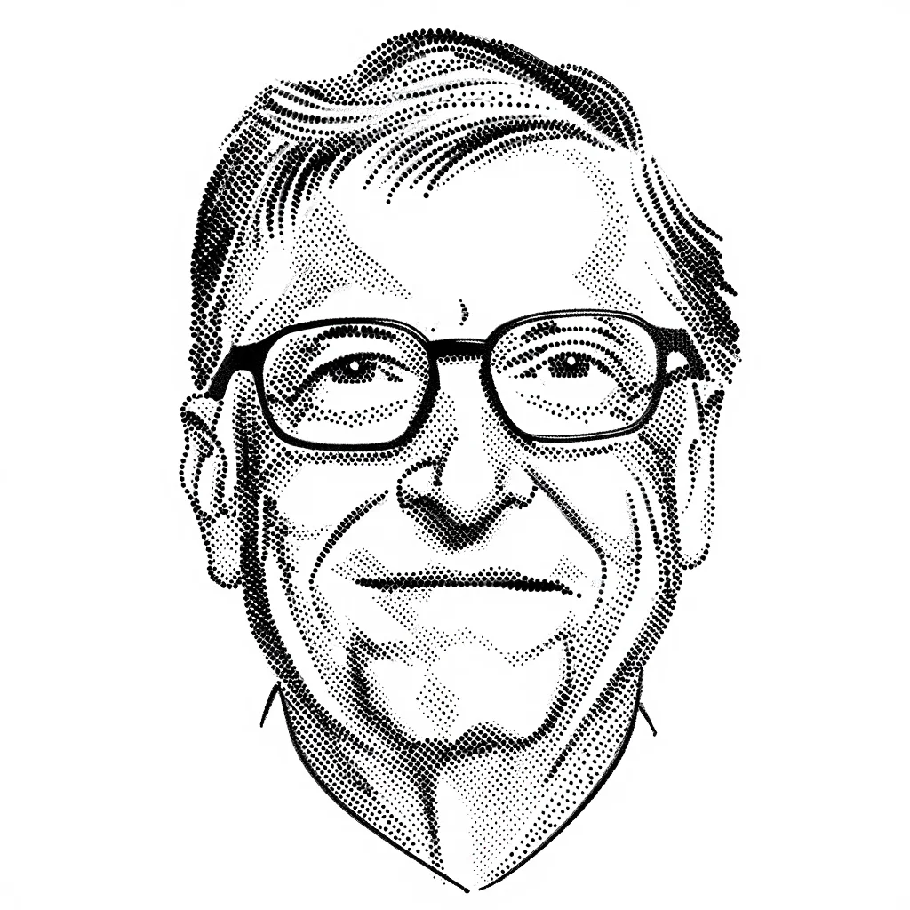 A black and white stipple illustration of a beaming Bill Gates, rendered with meticulous ink dots. His iconic glasses are depicted with a concentration of tiny dots, reflecting light, while his wrinkles are etched with delicate, sparsely placed dots. The background is a pure, minimalist white, allowing the intricate detail of his portrait to take center stage.