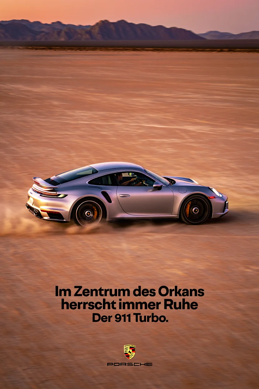 A sleek silver Porsche 911 Turbo speeds across the Black Rock Desert at dusk, kicking up a plume of dust in its wake. The low vantage point emphasizes the car's wide stance and the setting sun casts long shadows across the cracked, dry earth. The mountains in the distance are silhouetted against the fiery hues of the sky.  The tagline "Im Zentrum des Orkans herrscht immer Ruhe" is etched in bold, black Helvetica Neue font across the bottom of the image, followed by "Der 911 Turbo." The Porsche logo with crest and wordmark sits below, small and unobtrusive.