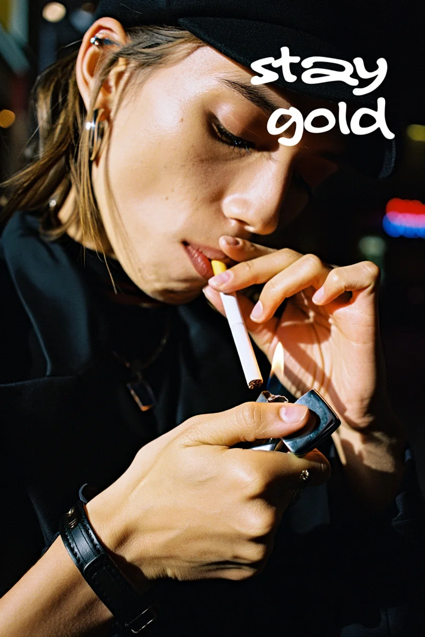 A close-up photograph with a vintage film lens focuses on the hands of a young woman wearing a worn leather wristband. Her head is tilted downward, her face hidden as she lights a cigarette with a vintage Zippo lighter.  The flame reflects in her eyes.  White text overlays the image, reading "stay gold" in a clear, handwritten font positioned at the top of the frame. The background is a bokeh blur of neon signs in an urban setting. Film photography aesthetic with high contrast lighting.