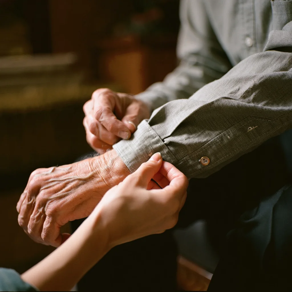 A vintage 35mm photograph, rich with warm tones, captures a young woman gently buttoning the cuff of an elderly man's linen shirt.  The image is a tight close-up, filling the frame with the intimate gesture and the contrast between the smooth, youthful hand and the weathered, wrinkled hand.  The shallow depth of field blurs the background, emphasizing the textures and details of the moment.