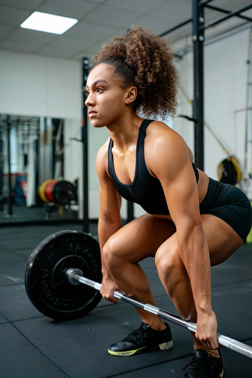 A female athlete with curly hair styled in a voluminous ponytail stands in a weightlifting gym preparing to perform a deadlift. She wears a black singlet and assumes a lifting position over a loaded barbell resting on a rubberized gym floor. The background shows typical gym equipment including weight racks, mirrors, and rubber mats. Overhead fluorescent lighting illuminates the scene, casting defined shadows on the floor. Professional sports photography with sharp focus and even lighting to capture athletic form and movement in an indoor setting.