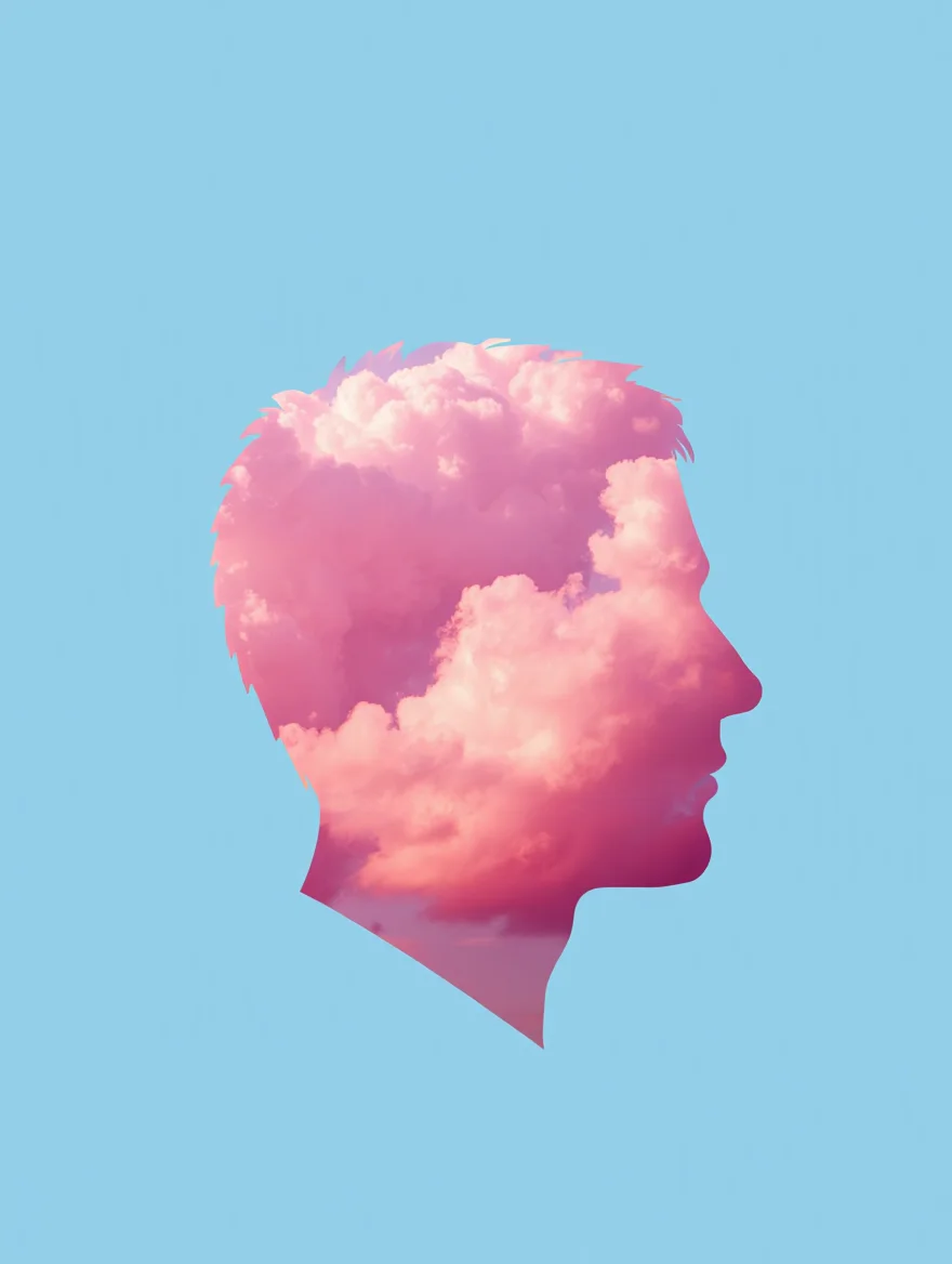 A profile view of a head silhouette filled with pink cotton-like clouds against a pastel blue sky background. The clouds are fluffy and layered, visible only within the precise outline of the human head which faces toward the right side of the image. The boundary between the head silhouette and the surrounding light blue sky is sharp and well-defined, creating a clear distinction between the cloud-filled interior and the solid-colored exterior.  Double exposure photography with sharp silhouette edges and soft natural lighting.