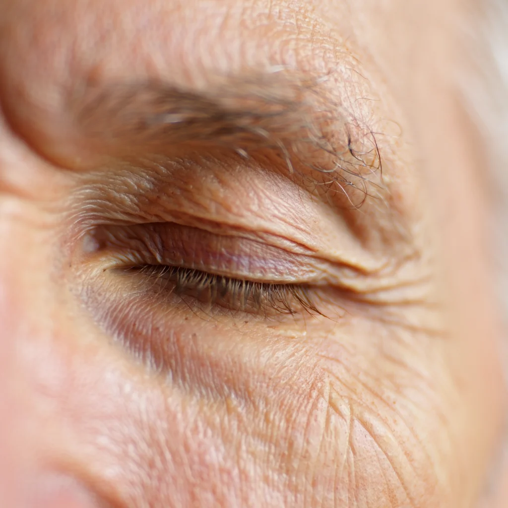 An extreme close-up macro photograph of human skin texture around the eye, showcasing the transition between delicate eyelid skin and the thicker skin surrounding the eye.  The photograph captures the intricate network of fine lines, wrinkles, and pores, illuminated by soft, diffused light that highlights the skin's natural translucency and the subtle interplay of light and shadow.  Shallow depth of field emphasizes the fine wrinkles radiating from the corner of the eye.