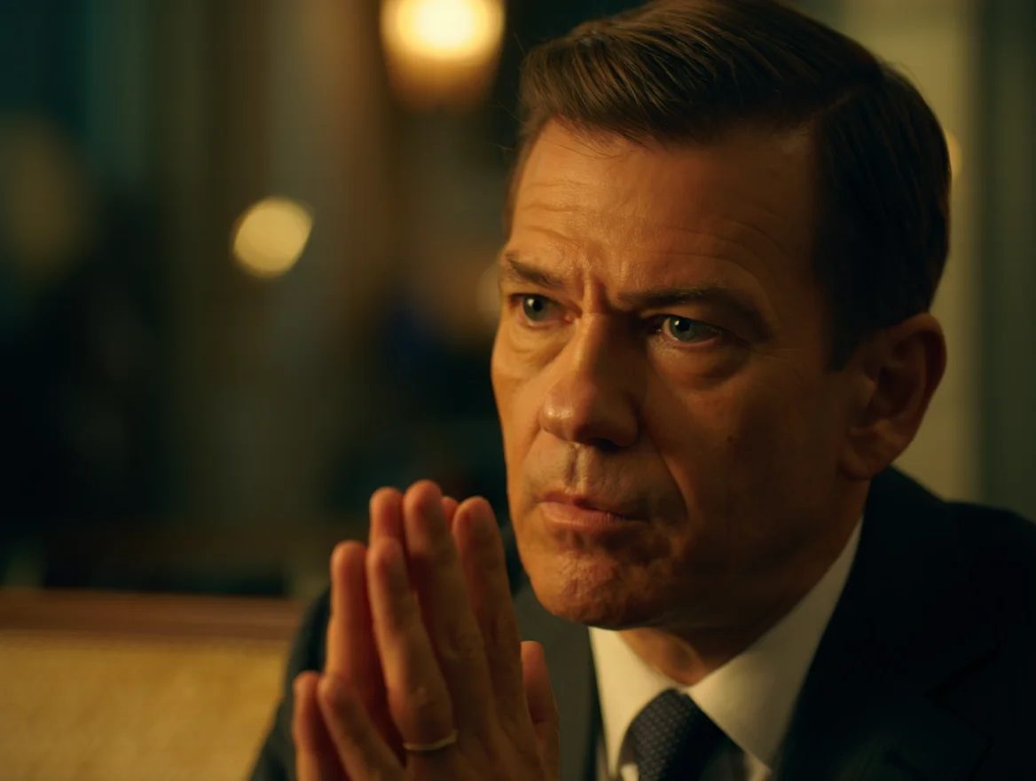 A cinematic close-up portrait of a middle-aged executive in a dark business suit, captured in a contemplative moment with his hands pressed together near his chin. The image features warm, dramatic side lighting that creates depth and atmosphere, while the shallow depth of field isolates him against a softly blurred background of ambient evening lighting. His intense, focused expression and thoughtful gesture are emphasized by the intimate framing and professional cinematography.