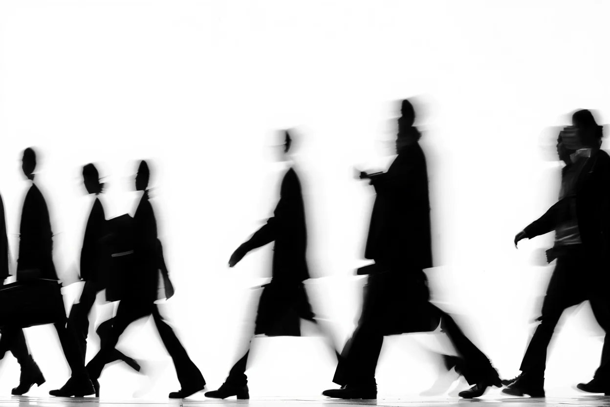 A black and white photograph capturing a blurred scene where multiple identical silhouettes of a person walking appear across the frame, creating a surreal visual effect. The silhouettes show progressive movement from left to right, with each figure becoming increasingly transparent. The background is stark white, emphasizing the dark figures in motion. Black and white photography with intentional motion blur shot at slow shutter speed.