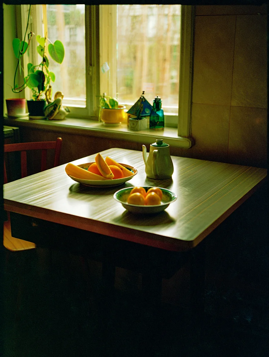 A still life on a kitchen table illuminated by the morning sun, captured on amateur film photography with all the imperfections of 1990s consumer cameras - visible film grain, slightly faded colors, a warm yellow cast, and minor light leaks around the edges. The image should have subtle vignetting in the corners and a slightly soft focus, typical of entry-level camera lenses of that era.