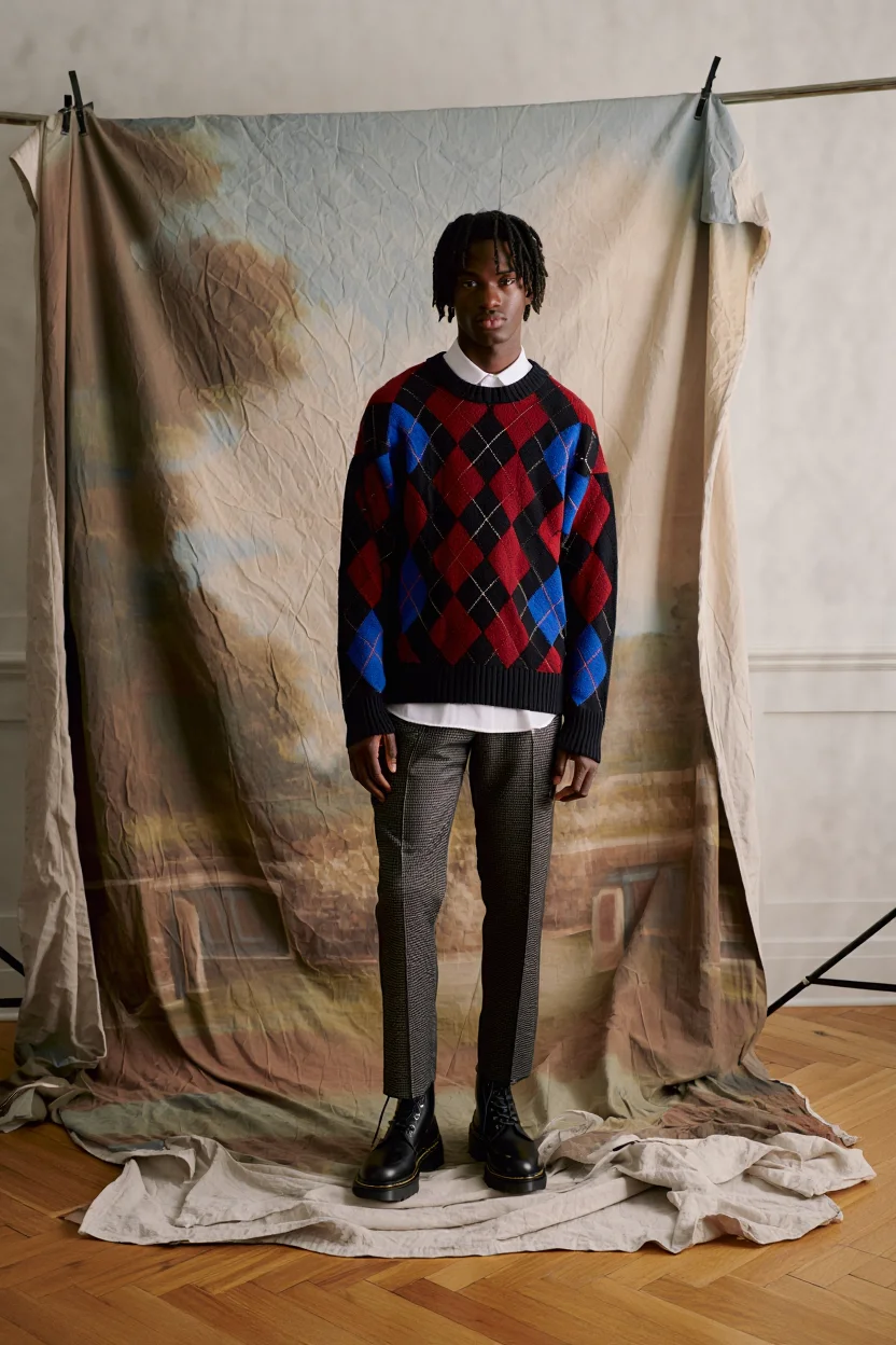 A young black man with short dreadlocks stands centered in front of a draped canvas backdrop that features a soft, painterly landscape scene. The fabric backdrop is pinned at the top and cascades onto the wooden floor, creating natural folds and wrinkles. He wears an oversized, textured sweater with a bold red, blue, and black argyle pattern layered over a crisp white collared shirt. His tailored checkered trousers in grey and black tones and black leather lace-up boots complete the look. The lighting is moody and diffused, casting soft shadows across his face and clothing. The scene is captured on film, emphasizing the subdued color palette of earth tones and muted primary colors.  Professional fashion photography with soft diffused studio lighting and film grain texture.