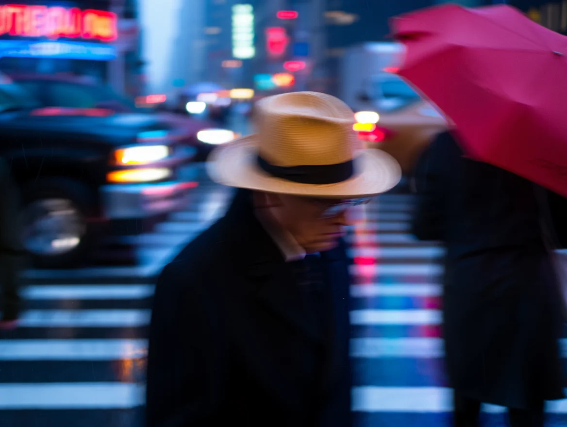 A rainy night in the city, illuminated by neon signs and car headlights. A figure in a tan fedora and dark coat walks briskly through the crowded crosswalk, their form blurred by the rain and motion except for the sharp silhouette of the fedora. A red umbrella spins in the background, creating a vibrant splash of color against the cool tones of the urban scene. The composition is off-center, with the streetlight reflections creating a network of leading lines that draw the eye through the image.