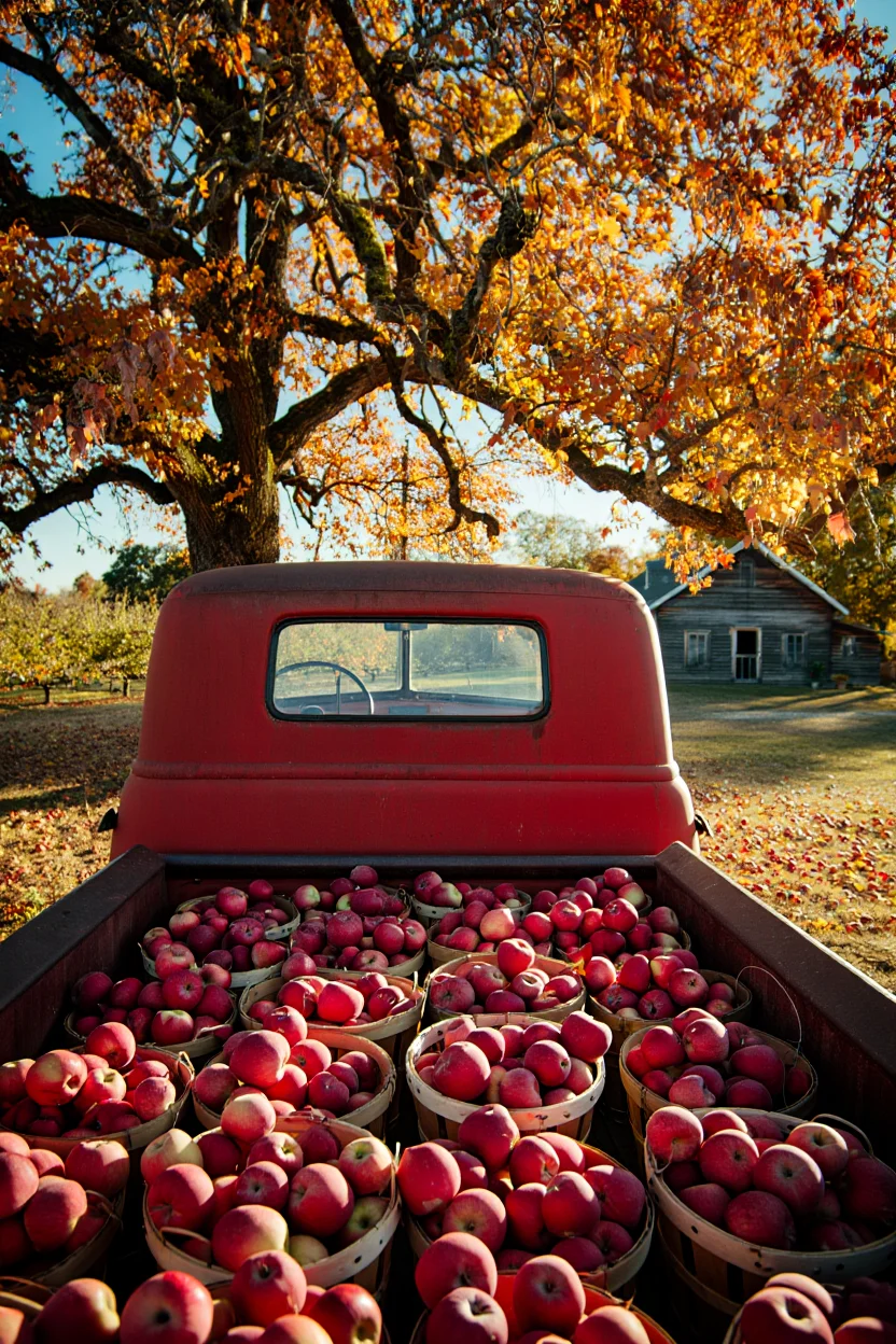 A rusty red vintage pickup truck, its bed filled with overflowing baskets of crimson apples, sits beneath a massive oak tree, its branches ablaze with fall foliage.  Sunlight filters through the leaves, dappling the truck and the orchard floor with warm light.  In the distance, a weathered wooden farmhouse stands silhouetted against the vibrant autumn landscape. Cinestill 2D film aesthetic with classic film grain.