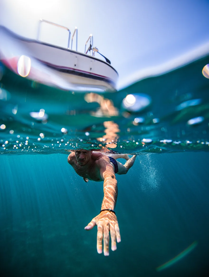 A low-angle shot looking up from beneath the surface of the water, capturing a swimmer climbing a silver boat ladder. The turquoise water distorts the swimmer's figure, with only their outstretched arm and dripping hand breaking the surface. Bubbles trail upward, catching the sunlight that pierces the water. The boat's hull and a sliver of blue sky are visible at the top of the frame. Underwater photography with natural lighting, distortion, and bokeh.