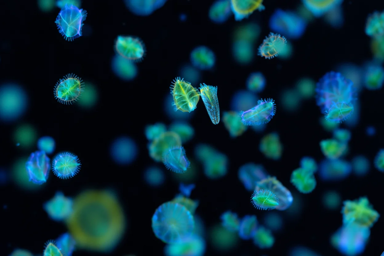A dark-field microscopy image at high magnification reveals the intricate dance of marine phytoplankton, their delicate, translucent forms glowing against the black background. Diatoms, with their glass-like shells, shimmer in shades of blue and green, while bioluminescent dinoflagellates emit ethereal bursts of light.