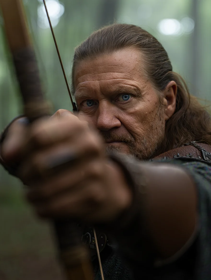 An extreme close-up portrait of an elderly archer with weathered features and piercing blue eyes, intensely focused while aiming a traditional bow and arrow. The subject wears a dark brown leather tunic and is photographed against a misty, forest-green background. The image employs shallow depth of field with dappled sunlight, creating a dramatic cinematic effect that emphasizes the archer's concentrated expression and the arrow pointed towards the viewer.