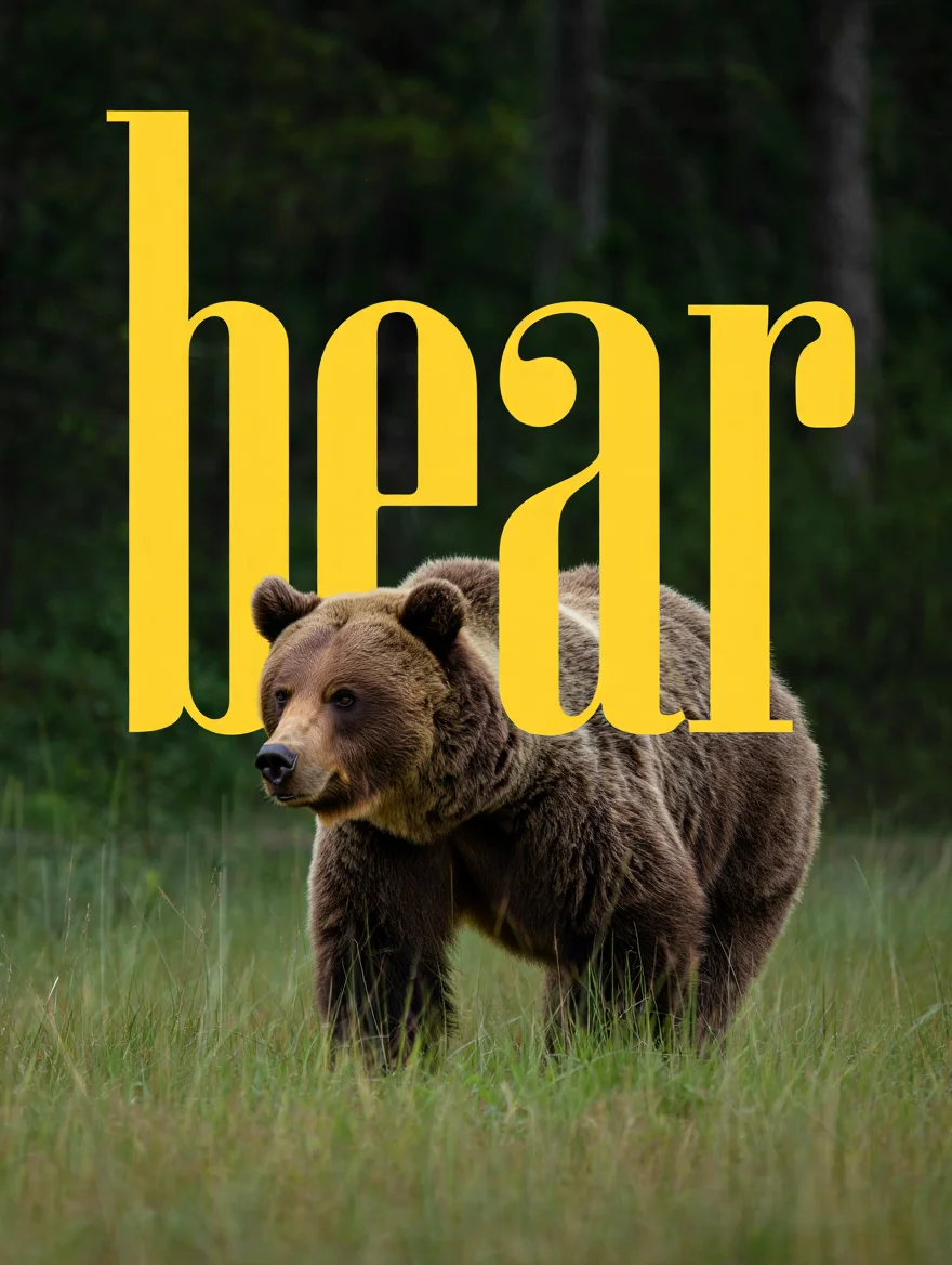 A professional wildlife photograph of a brown bear standing in tall grass against a dark forest background, integrated with bold yellow typography spelling "bear" in condensed retro serif masked behind. The bear's head emerges through the letter 'e', creating a clever visual interaction between subject and text. The image is captured in natural lighting with a medium shot and slight low angle, creating a powerful and balanced composition. The bear's thick brown fur contrasts beautifully with the moody, dark green forest background.