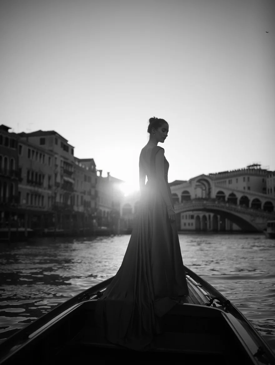 A misty, ethereal black and white photograph taken in Venice at dawn, featuring a silhouetted woman in a long, flowing gown standing on a gondola traversing a wide canal. Soft, diffused light from the breaking dawn illuminates the scene from behind, casting long, dramatic shadows and highlighting the delicate details of the architecture. The Rialto Bridge frames the composition in the distance, its reflection shimmering on the water's surface. The woman stands with her back to the viewer, her gaze lost in the distance, her silhouette a graceful presence against the ethereal backdrop.