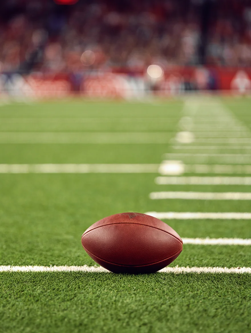 A well-worn leather football rests on the precisely marked green turf of a football field, positioned in the foreground of the image.  The brown football with its characteristic white laces sits at the edge of the yard line markers. The background shows the stadium lights illuminating a defocused crowd, creating a soft bokeh effect and emphasizing the vastness of the stadium.  Sports photography with grainy film texture, shot on vintage 35mm film.