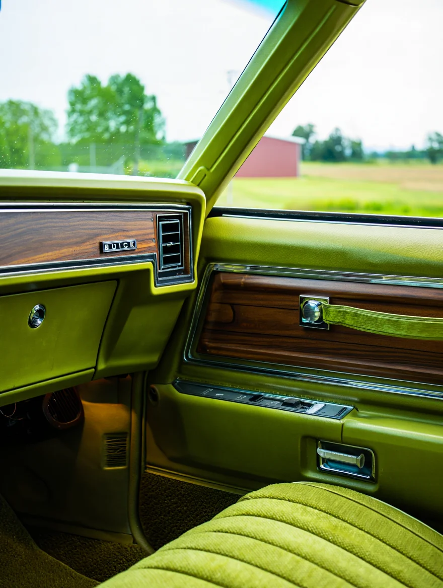 A detailed interior view of a vintage Buick automobile featuring a distinctive olive green dashboard and door panels with rich wood grain accents. The image captures the driver's side perspective looking across toward the passenger door, showcasing the classic American automotive design elements typical of 1970s luxury vehicles. The dashboard contains a small chrome "BUICK" logo embedded in a wood grain panel, alongside various controls and vents. The passenger door features matching green upholstery with wood grain trim and a chrome window crank handle. Through the windows, a rural countryside setting is visible with green trees, grass, and a small reddish structure in the distance. Natural daylight illuminates the interior, highlighting the contrast between the matte green vinyl surfaces and glossy wood grain panels. The composition emphasizes the distinctive color scheme and materials that characterize this era of American automotive design.