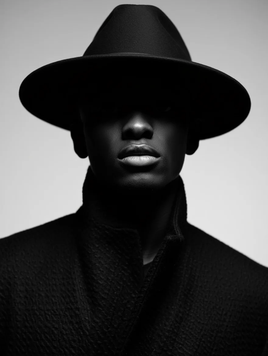 A striking black and white fashion portrait featuring a dark-skinned model in dramatic side lighting. The subject wears a wide-brimmed black fedora that casts a deep shadow over the upper face, revealing only full lips below. A high-necked black textured coat completes the ensemble. The composition is centrally balanced with a shallow depth of field and low-angle perspective, set against a smooth gradient gray background. The image emphasizes form, texture, and the interplay of light and shadow. The model faces away from the camera slightly.