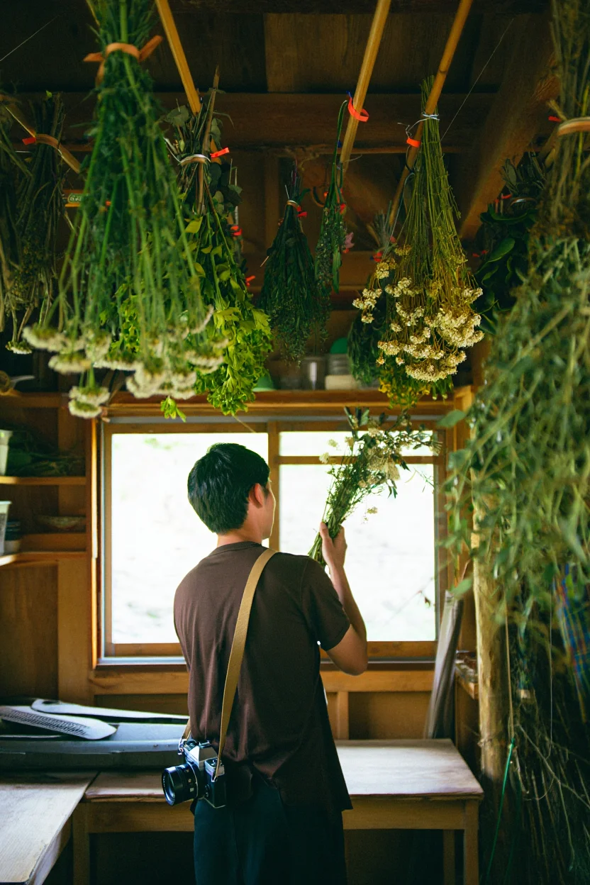 A rustic indoor scene of a drying room with bundles of herbs and flowers hanging from wooden ceiling beams. The herbs are various shades of green, with some clusters of white flowers among them. A person wearing a brown shirt, carrying a small vintage camera on a shoulder strap is seen inspecting the plants near a window, with their back partially turned to the viewer. The space has wooden elements, soft natural lighting, and a slightly cluttered, functional atmosphere, evoking a warm, organic, and rural aesthetic. Shot with a vintage film camera with the flash on, drenching the herbs in flash.  Vintage film photography with harsh flash illumination and high contrast between light and shadow.