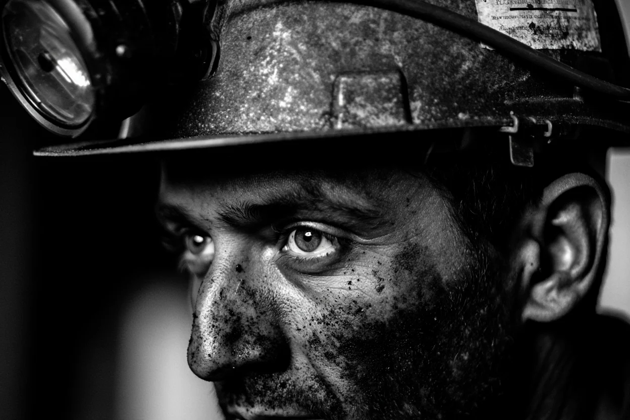 A close-up portrait photograph of a coal miner's face, focusing on his eyes beneath a coal-stained brow. His face is covered in black coal dust, creating stark contrast against the whites of his eyes. The miner wears a traditional hard hat with a headlamp, and his weathered skin shows traces of coal residue. The background is dark and out of focus, suggesting the underground mining environment.  Black and white documentary photography with dramatic side lighting and sharp focus on facial features.
