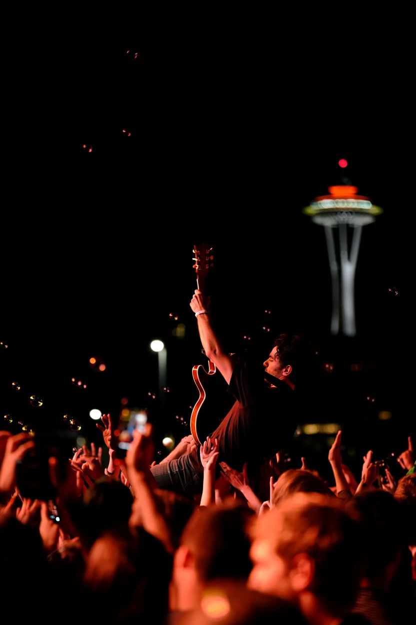 A silhouetted musician triumphantly holds their guitar aloft while crowd-surfing over a sea of upstretched hands. They are bathed in the warm glow of the stage lights, with the iconic Space Needle piercing the night sky behind them. The blurry, energetic crowd disappears into the darkness of the venue, their excitement palpable. Bubbles, reflecting the stage lighting, drift through the air, adding to the celebratory atmosphere. This low-light concert photograph captures the raw energy of a live performance in Seattle.