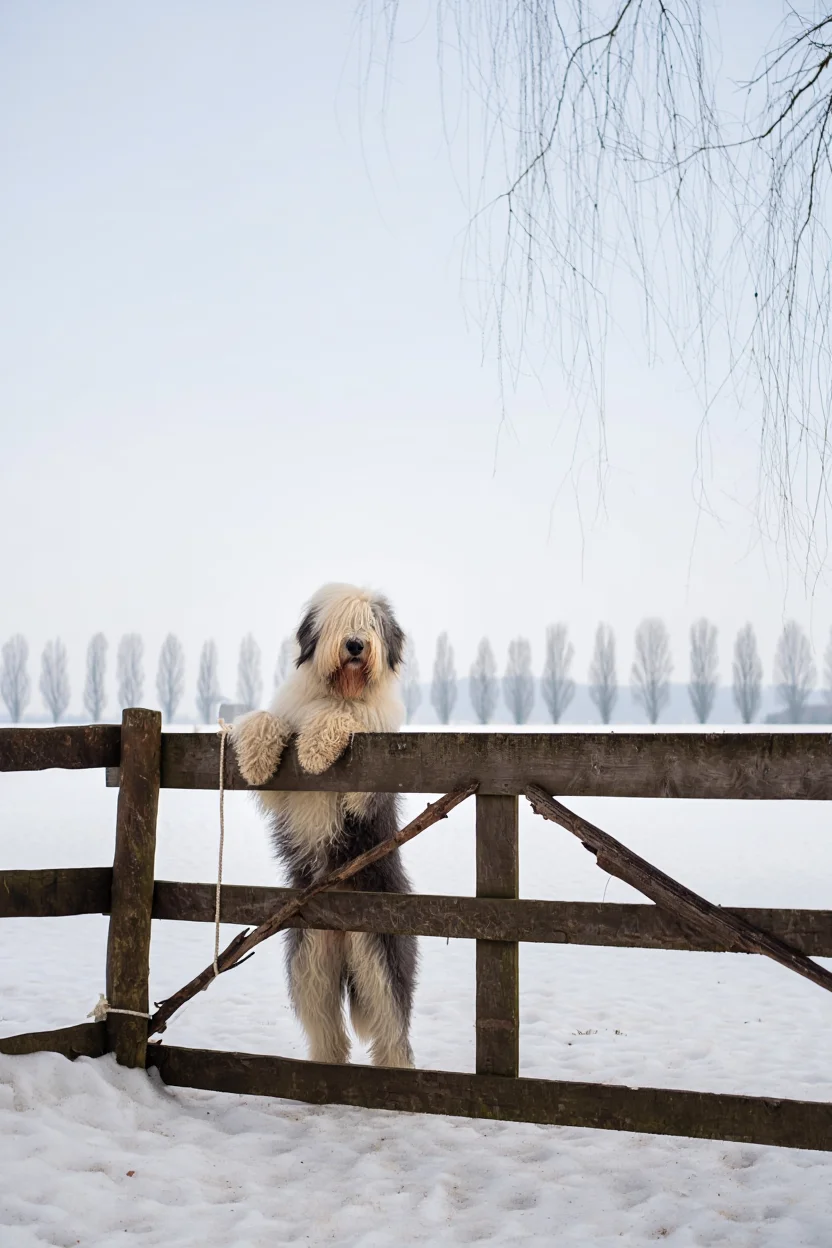 A large, fluffy Old English Sheepdog stands upright against a rustic wooden fence, with its front paws resting on the top rail. The dog has long, shaggy white fur and is photographed in a snowy winter landscape. Behind the fence is a row of bare trees creating a linear perspective against a misty, pale winter sky. The ground is covered in pristine white snow, and there's a delicate weeping willow branch visible at the top of the frame. The wooden fence is weathered and dark brown, made of rough-hewn logs and cross beams. The composition has a ethereal, peaceful winter mood with muted grays and whites dominating the color palette. Shot from a slight side angle showing the dog's full height against the fence. Professional wildlife photography with soft natural lighting and shallow depth of field.